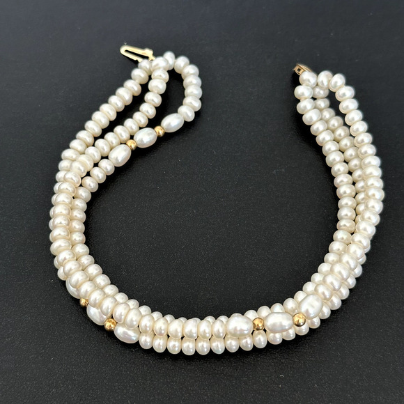 14K Yellow Gold Genuine Real Cream Pearl Triple Strand Bracelet - Picture 7 of 12